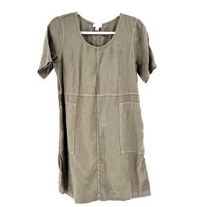 Pure Jill 100% Linen Shirt Dress Women's SP Garment Dyed Olive Green Lagenlook